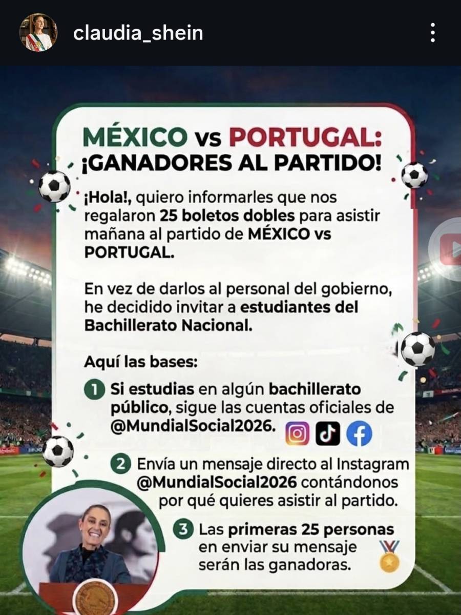 Difunde Sheinbaum convocatoria para regalar boletos del partido M&eacute;xico vs Portugal a estudiantes