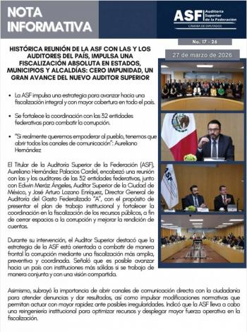 Auditor&iacute;a Superior de la Federaci&oacute;n impulsa coordinaci&oacute;n nacional para fortalecer la fiscalizaci&oacute;n y combatir la corrupci&oacute;n
