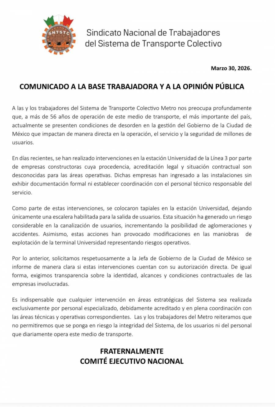 Sindicato del Metro pide intervención de Clara Brugada por obras irregulares en estaciones