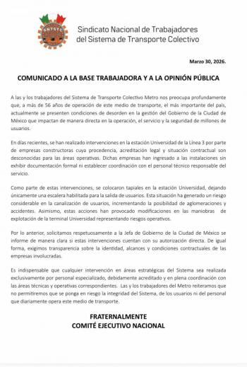 Sindicato del Metro pide intervenci&oacute;n de Clara Brugada por obras irregulares en estaciones