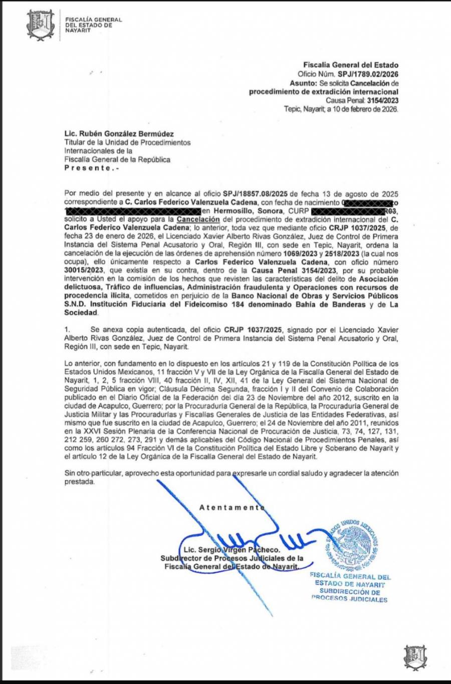Fiscal&iacute;a de Nayarit cierra investigaciones contra empresario Carlos Valenzuela Cadena