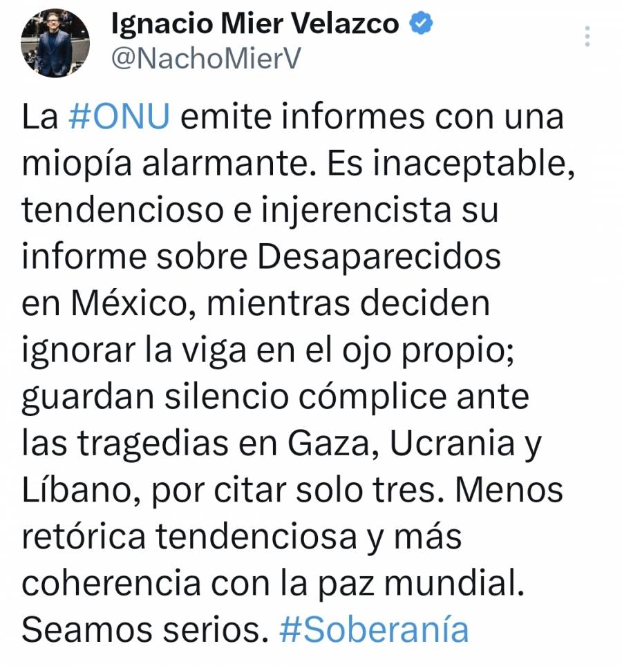 Mier acusa a la ONU de emitir informe “tendencioso” sobre desaparecidos en México