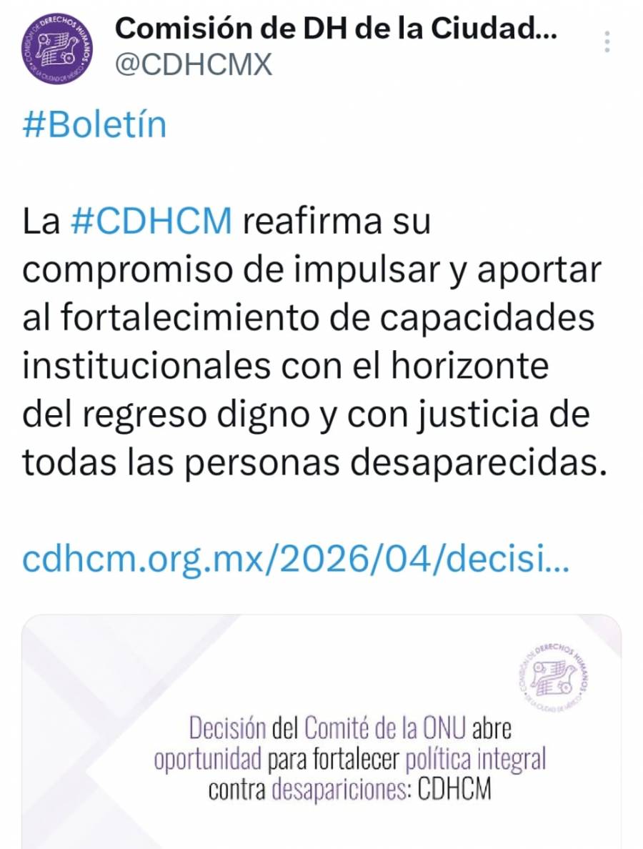 CDHCM advierte: decisi&oacute;n de la ONU abre ruta para enfrentar crisis de desapariciones