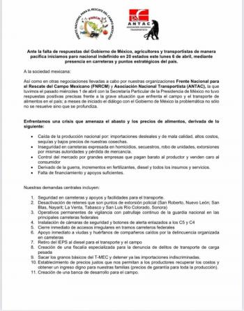 Productores y transportistas anuncian protesta el lunes por apoyos y pol&iacute;tica agroalimentaria