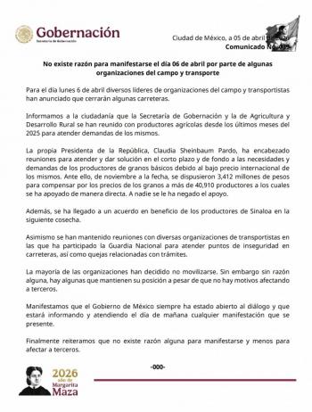 Gobierno federal descarta motivos para protestas de campo y transportistas
