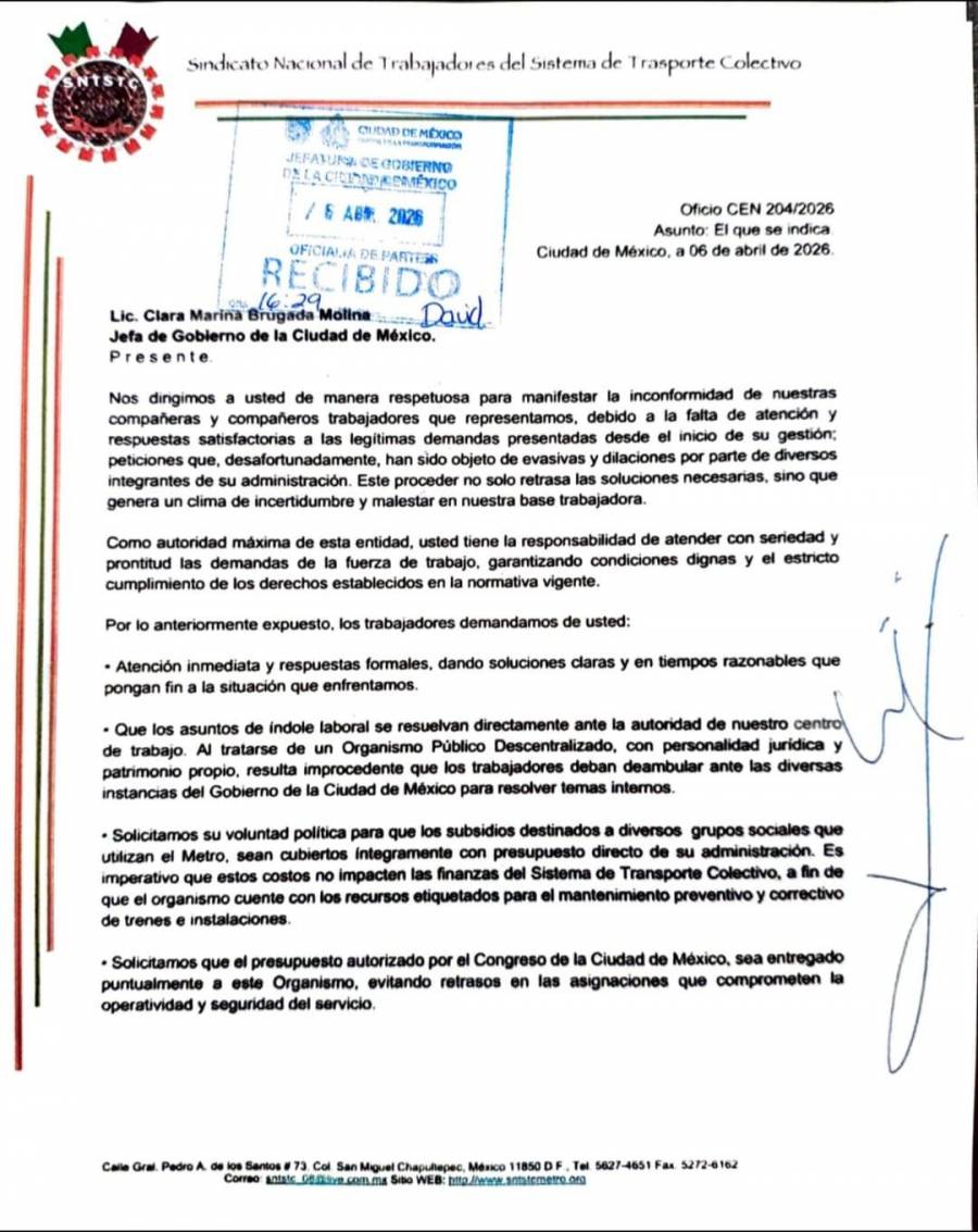Sindicato del Metro exige atenci&oacute;n inmediata del Gobierno capitalino ante riesgos en el servicio