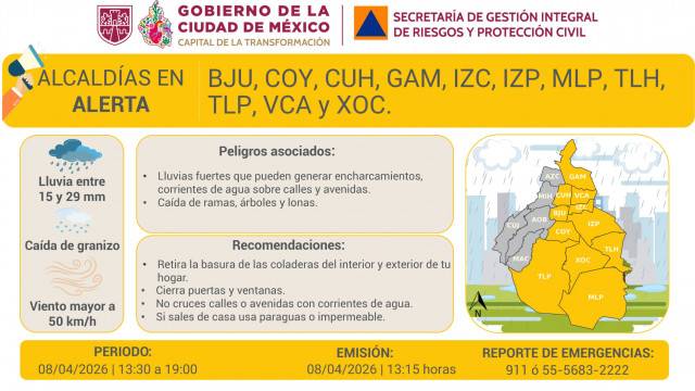 Se activa alerta amarilla por pronóstico de lluvias fuertes, viento con rachas fuertes y posible caída de granizo