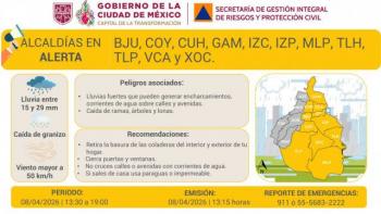 Se activa alerta amarilla por pron&oacute;stico de lluvias fuertes, viento con rachas fuertes y posible ca&iacute;da de granizo