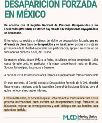 M&eacute;xico Unido contra la Delincuencia alerta por aumento de desapariciones forzadas
