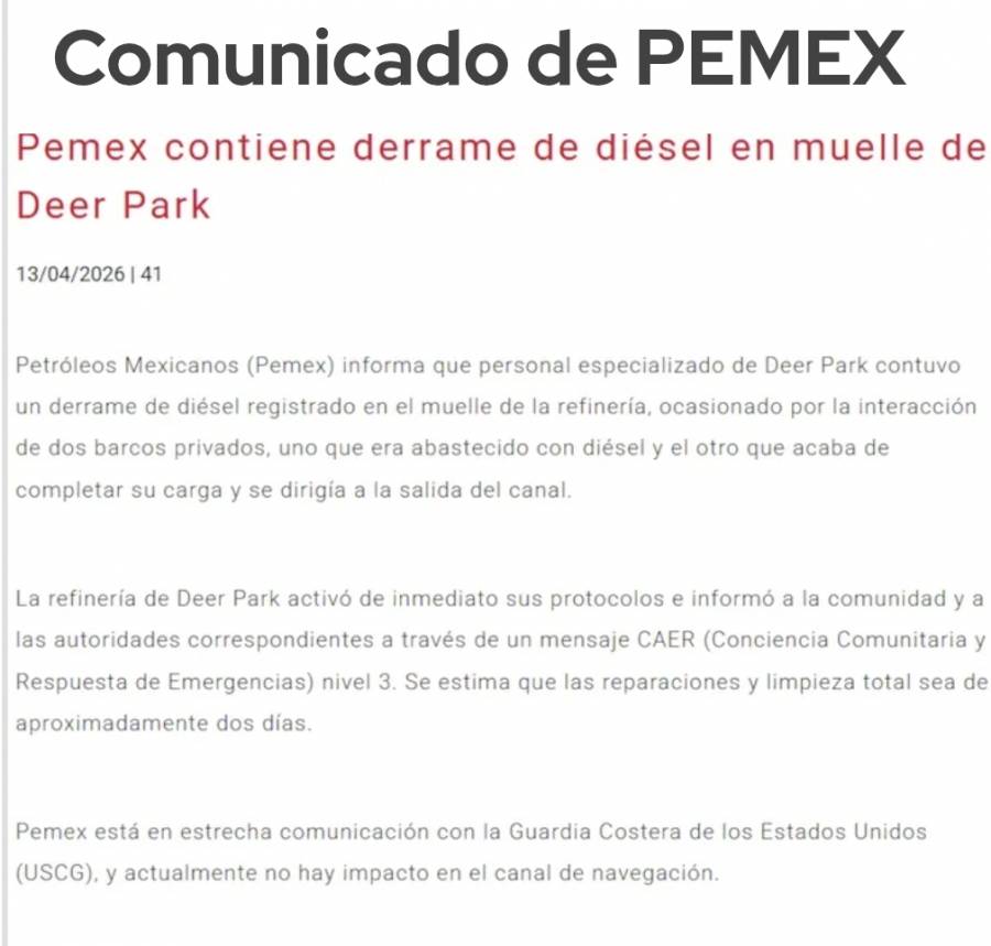 Bajo control derrame de di&eacute;sel en Deer Park: presidenta Sheinbaum