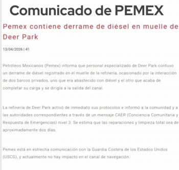 Bajo control derrame de di&eacute;sel en Deer Park: presidenta Sheinbaum