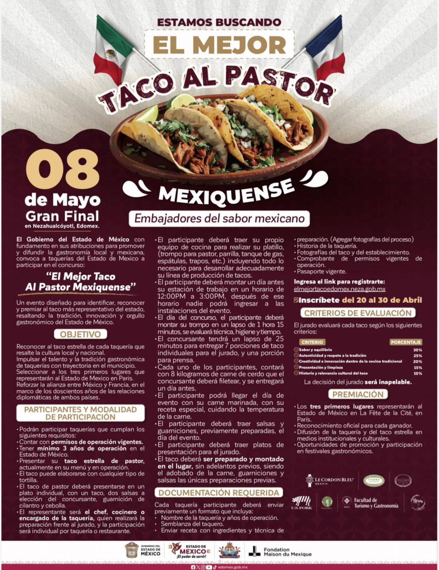Edomex busca al mejor taco al pastor; ganadores viajar&aacute;n a Par&iacute;s