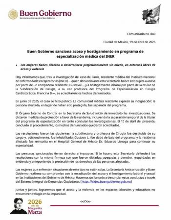 Buen Gobierno sanciona acoso y hostigamiento en programa del INER