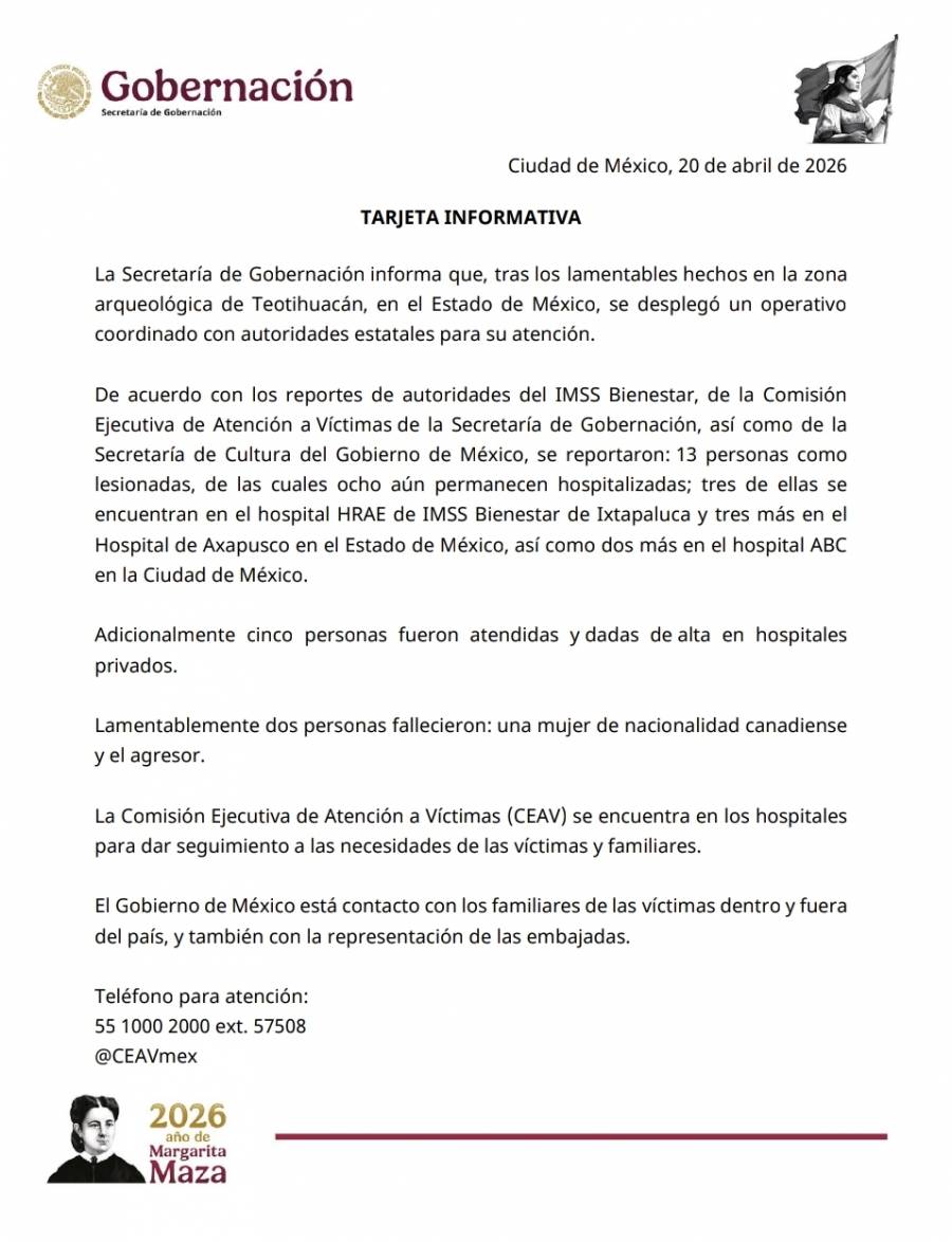 Fue una mujer extranjera víctima mortal en Teotihuacán; hay 8 de ellos hospitalizados: Segob