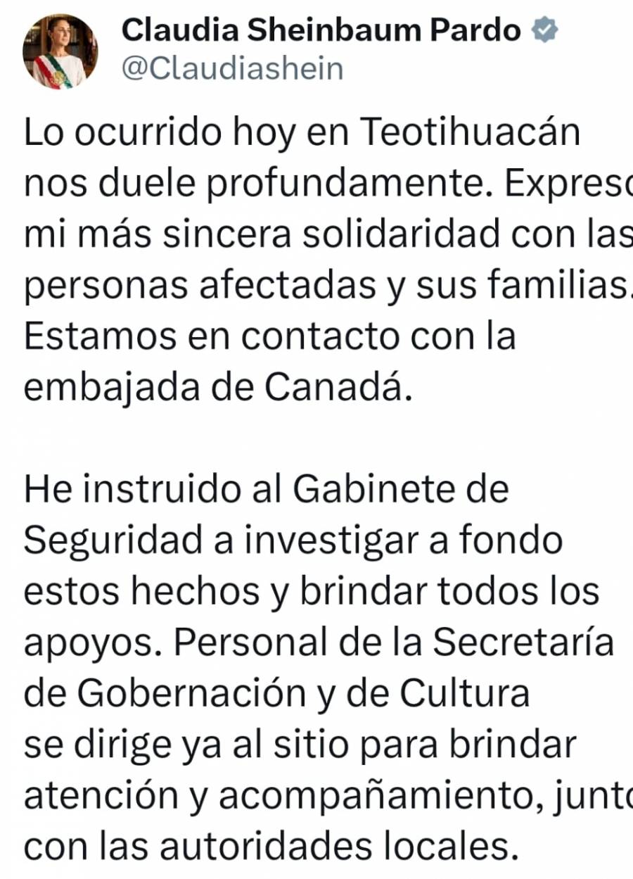 Sheinbaum expresa solidaridad por víctimas de tiroteo en Teotihuacán; ordena investigación