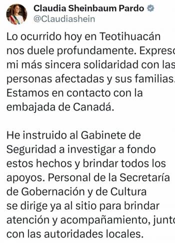 Sheinbaum expresa solidaridad por v&iacute;ctimas de tiroteo en Teotihuac&aacute;n; ordena investigaci&oacute;n