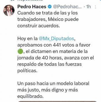 Pedro Haces Barba presenta el dictamen de las 40 horas en la C&aacute;mara de Diputados y obtiene respaldo mayoritario en el pleno