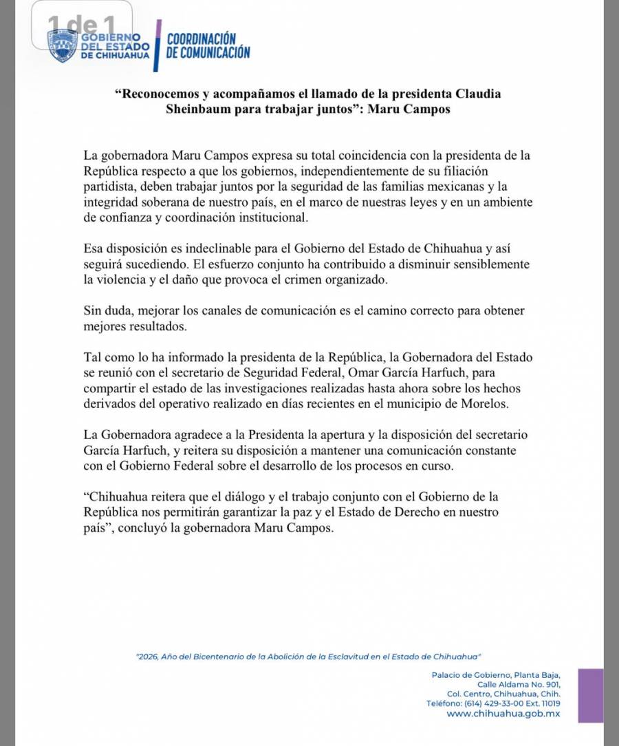 Maru Campos respalda llamado de Claudia Sheinbaum a trabajar de manera conjunta por la seguridad