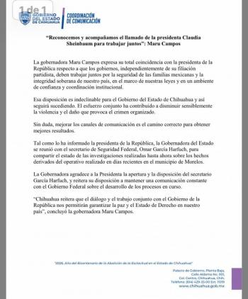 Maru Campos respalda llamado de Claudia Sheinbaum a trabajar de manera conjunta por la seguridad