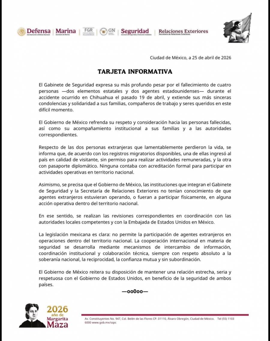 Gobierno de México aclara que agentes extranjeros fallecidos en Chihuahua no tenían autorización operativa