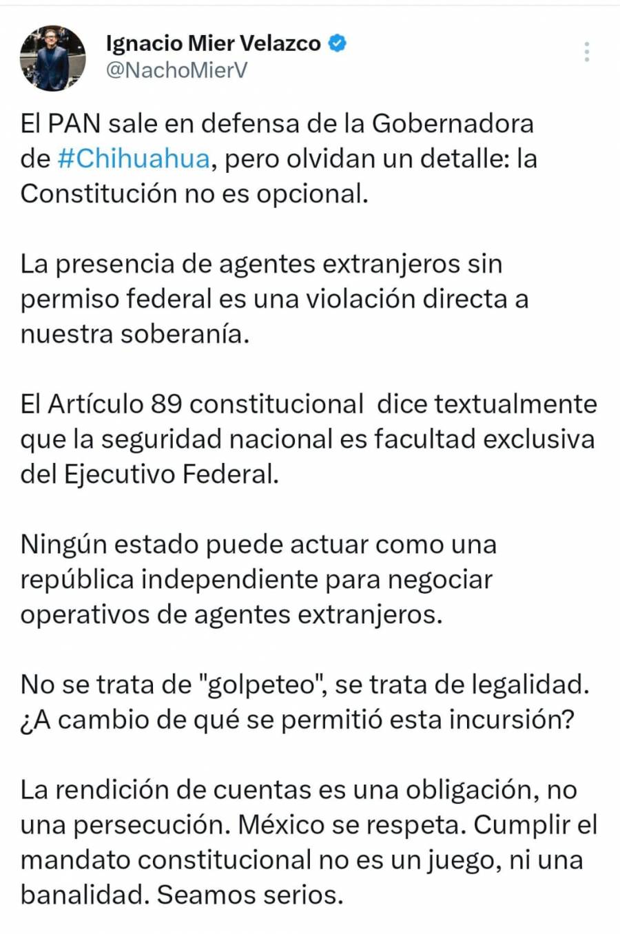 Mier afirma que no es golpeteo contra Maru Campos sino legalidad en caso de agentes de la CIA en Chihuahua