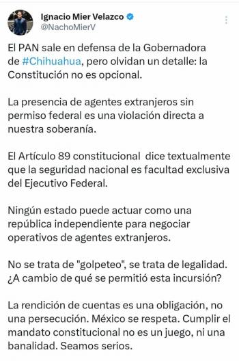 Mier afirma que no es golpeteo contra Maru Campos sino legalidad en caso de agentes de la CIA en Chihuahua