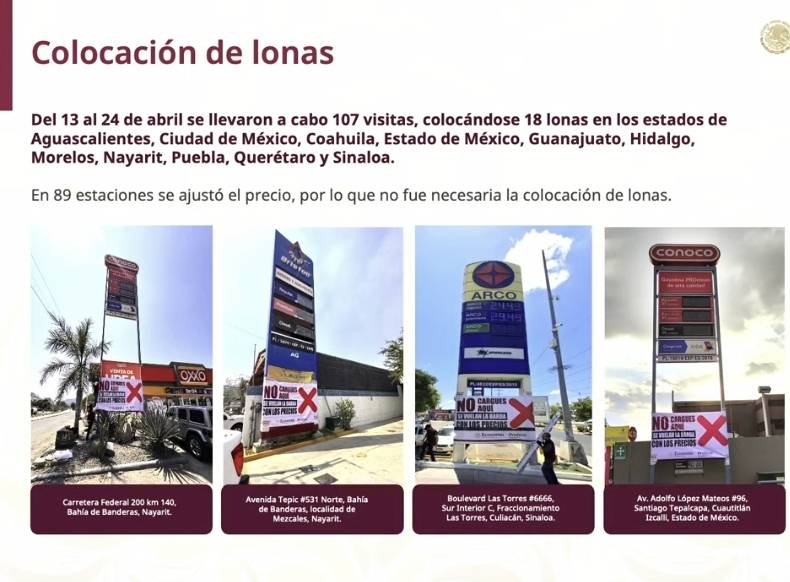 Profeco realiza 107 visitas a gasolineras por vigilancia por precios elevados; coloca 18 lonas de advertencia