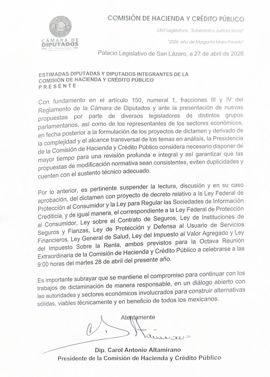 Comisi&oacute;n de Hacienda de la C&aacute;mara de Diputados ampl&iacute;a plazo para discutir reformas en seguros y bur&oacute; de cr&eacute;dito