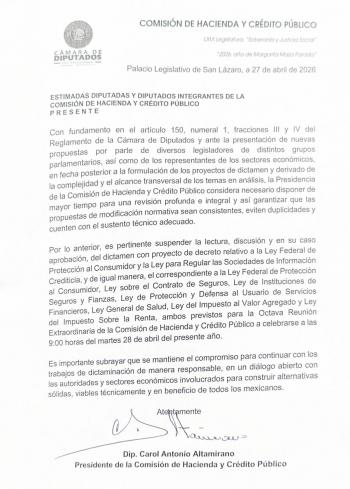 Comisi&oacute;n de Hacienda de la C&aacute;mara de Diputados ampl&iacute;a plazo para discutir reformas en seguros y bur&oacute; de cr&eacute;dito