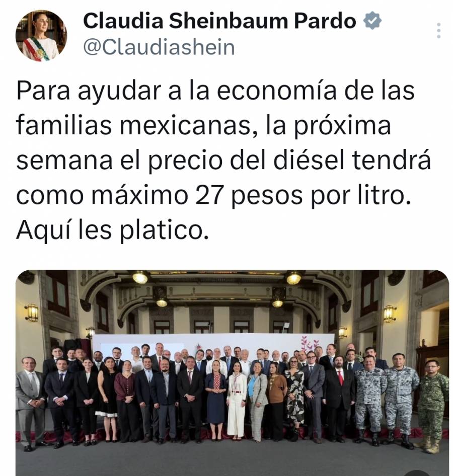 Gobierno acuerda ajuste al precio del diésel con gasolineros y banqueros; se fijará en 27 pesos: Sheinbaum