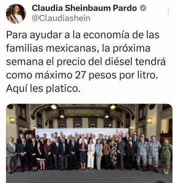 Gobierno acuerda ajuste al precio del di&eacute;sel con gasolineros y banqueros; se fijar&aacute; en 27 pesos: Sheinbaum