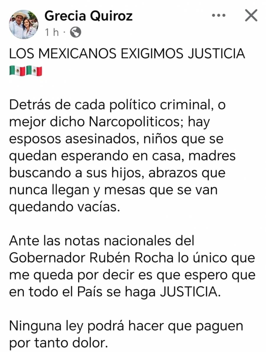 Grecia Quiroz exige justicia tras acusaciones contra Rocha Moya