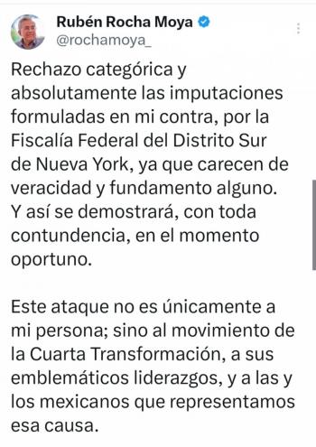 Gobernador de Sinaloa rechaza acusaciones en su contra y las califica como ataque a la 4T