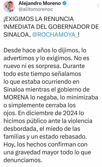 Alejandro Moreno C&aacute;rdenas exige renuncia del gobernador de Sinaloa tras acusaci&oacute;n en su contra por EU