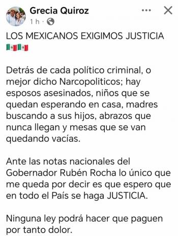 Grecia Quiroz exige justicia tras acusaciones contra Rocha Moya