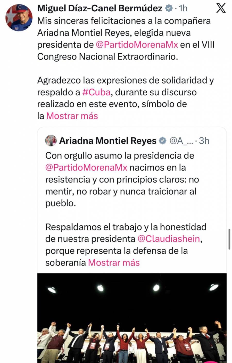 D&iacute;az-Canel felicita a Ariadna Montiel y refrenda v&iacute;nculos entre Cuba y Morena