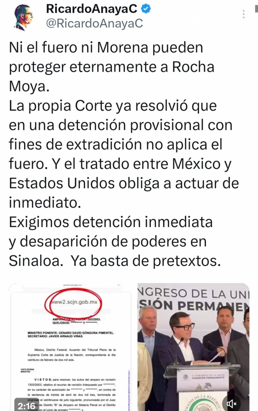 PAN formaliza en el Senado petici&oacute;n para desaparecer poderes en Sinaloa