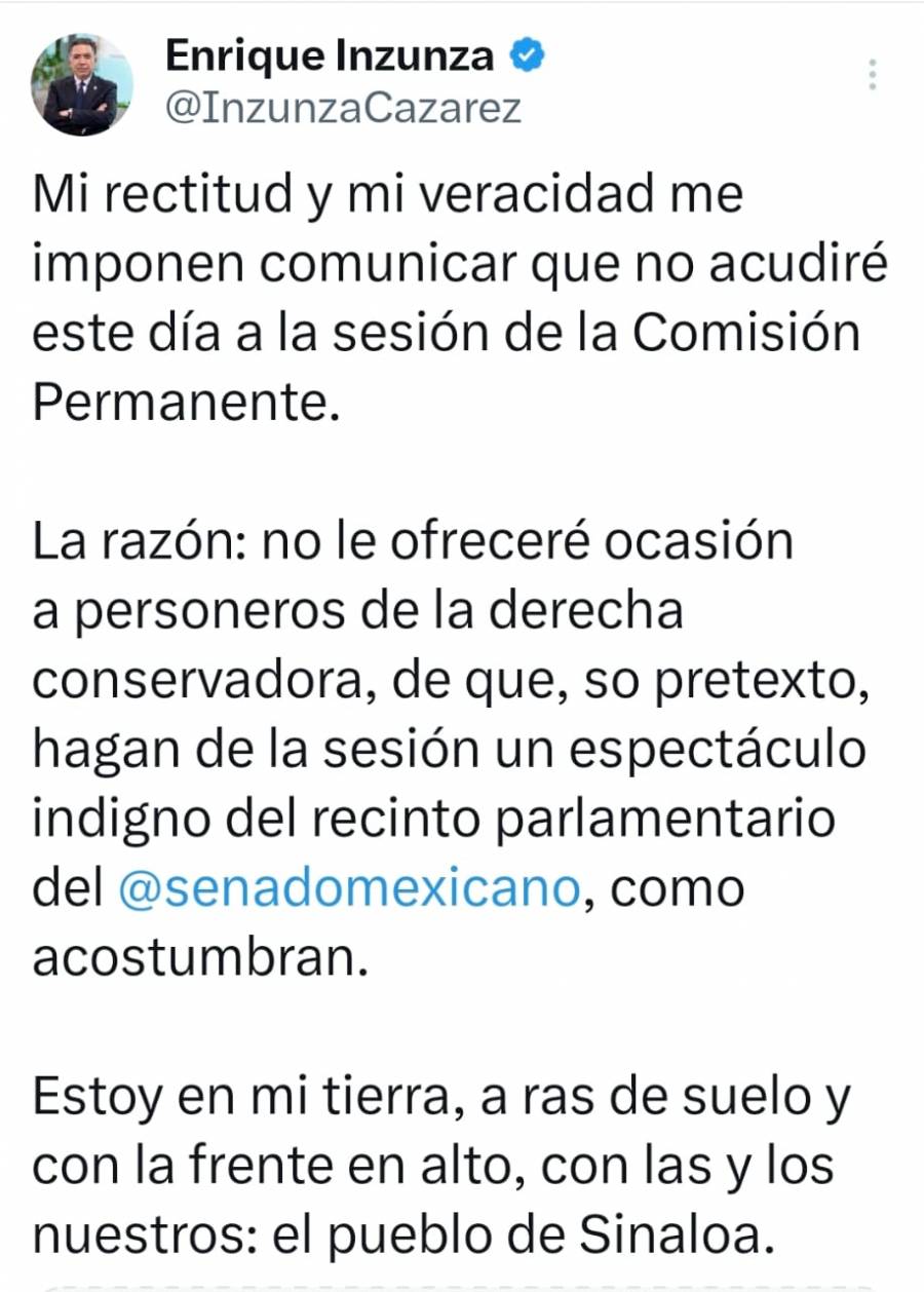 Mier dice que Inzunza no fue convocado a sesi&oacute;n; senador afirma que evit&oacute; “un circo indigno