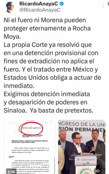 PAN formaliza en el Senado petici&oacute;n para desaparecer poderes en Sinaloa