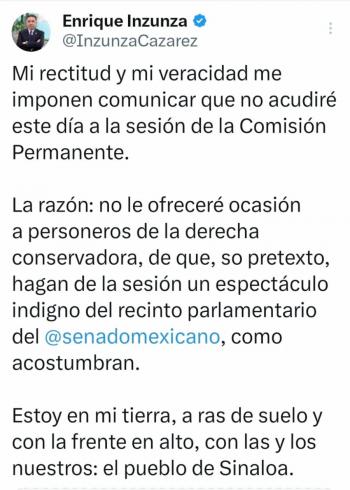 Mier dice que Inzunza no fue convocado a sesi&oacute;n; senador afirma que evit&oacute; “un circo indigno