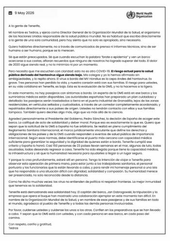 OMS asegura que Tenerife no enfrenta riesgo por llegada de crucero con hantavirus