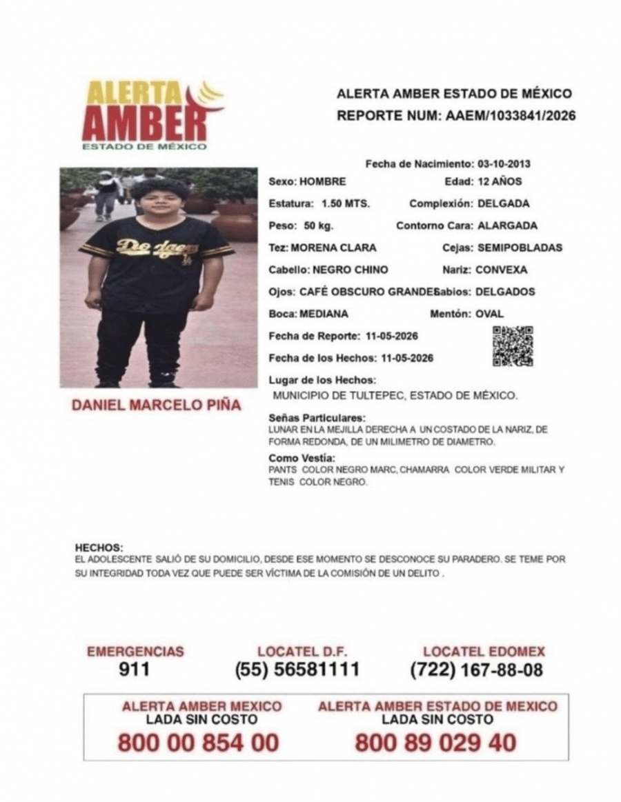 Emiten Alerta Amber en Tultepec para localizar a Daniel Marcelo Piña, de 12 años