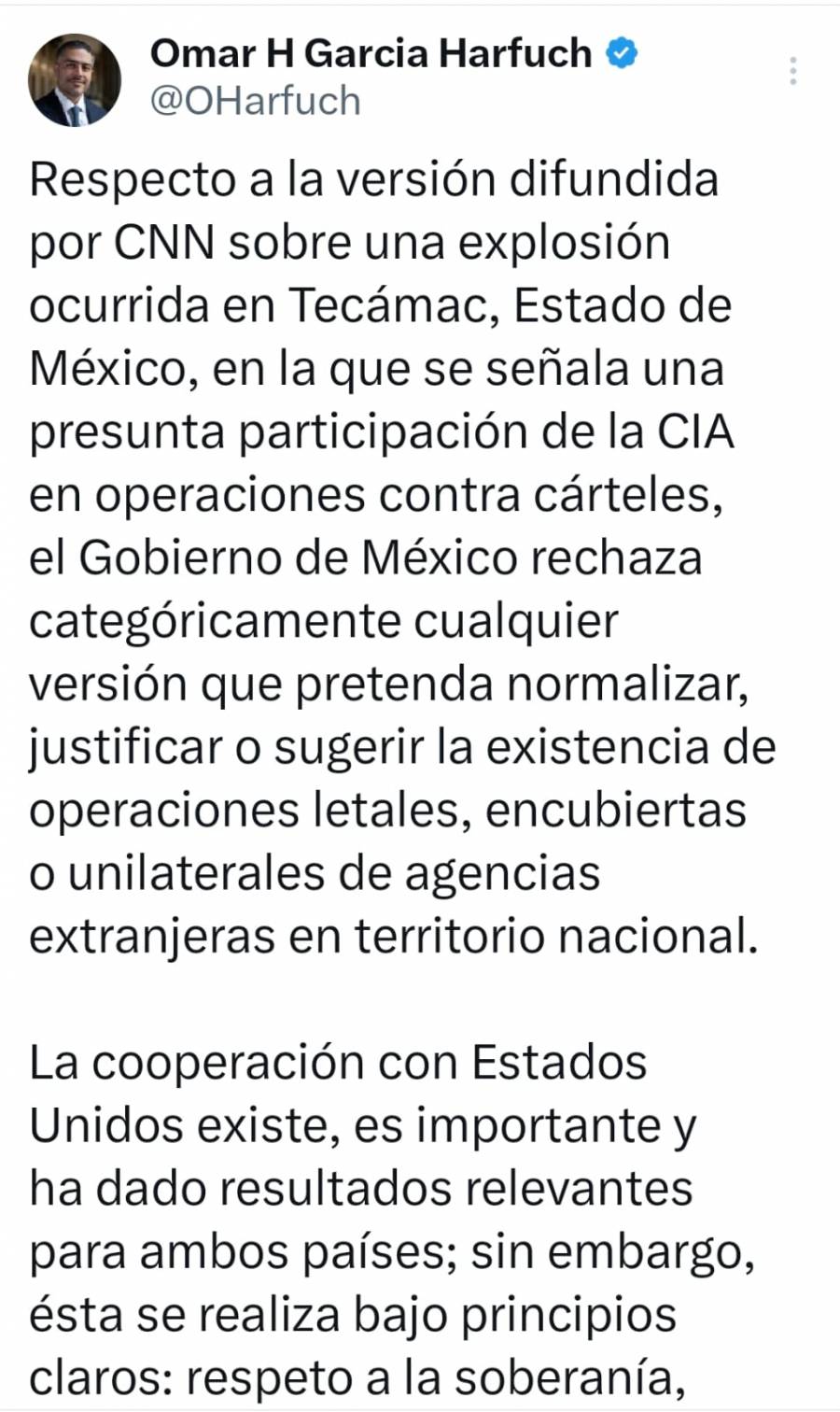 Harfuch rechaza versi&oacute;n sobre presunta participaci&oacute;n de la CIA en explosi&oacute;n en Tec&aacute;mac