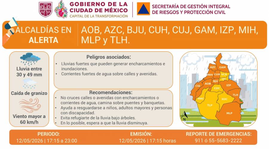 Activan alerta naranja por lluvias intensas y granizo en CDMX este 12 de mayo