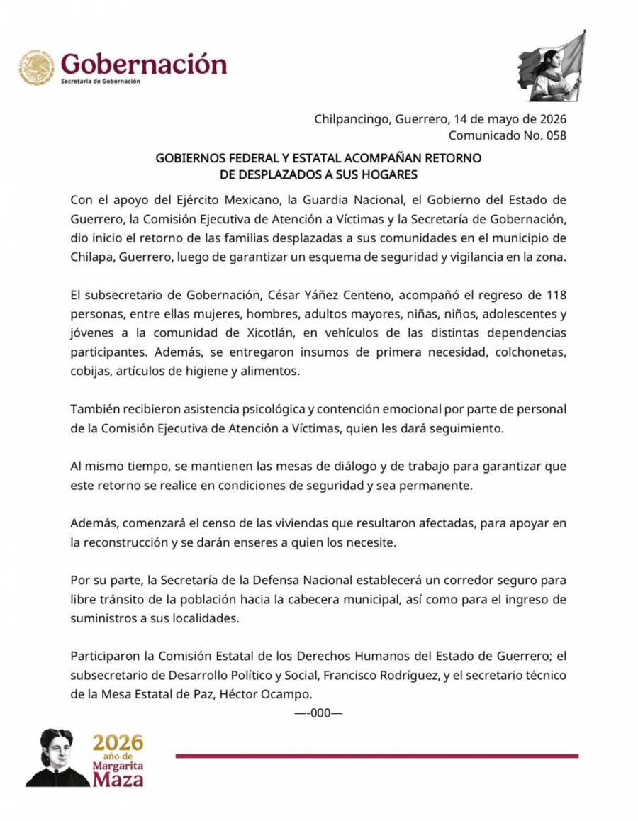 Gobiernos federal y estatal acompa&ntilde;an retorno de desplazados a sus hogares en Chilapa