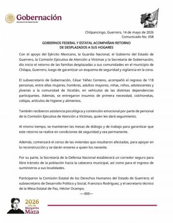 Gobiernos federal y estatal acompa&ntilde;an retorno de desplazados a sus hogares en Chilapa