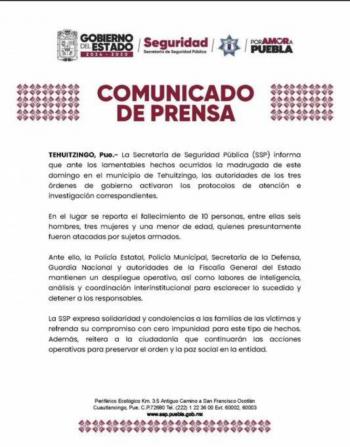 Ataque armado en Tehuitzingo deja 10 personas fallecidas; autoridades despliegan operativo conjunto