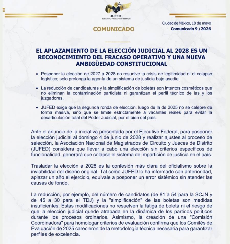 JUFED advierte que aplazar elección judicial a 2028 reconoce fallas y genera incertidumbre