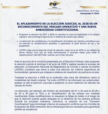 JUFED advierte que aplazar elecci&oacute;n judicial a 2028 reconoce fallas y genera incertidumbre