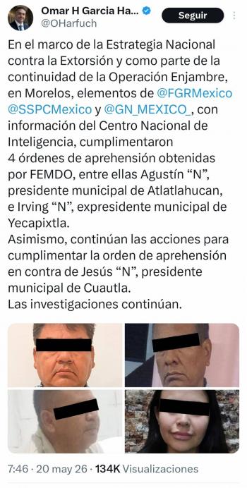 Alcaldes de Morelos detenidos en Operaci&oacute;n Enjambre por presuntos v&iacute;nculos con crimen organizado